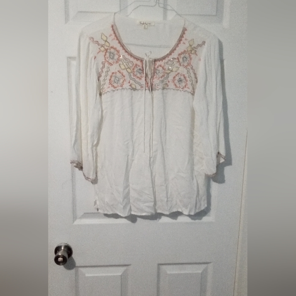 Solitaire White Blouse with Pink and Blue Embroidery